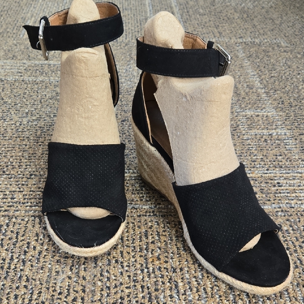 Attention Black Wedge Sandals with Ankle Strap